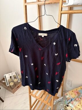 LOFT Navy V-Neck Tee with Red & White Nautical Motifs